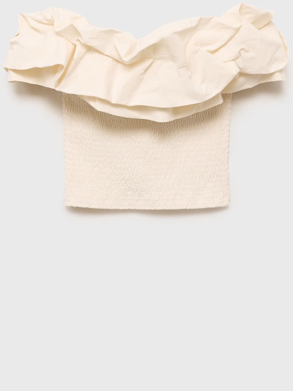 Mango Off-Shoulder Ruffle Smocked Crop Top - Cream